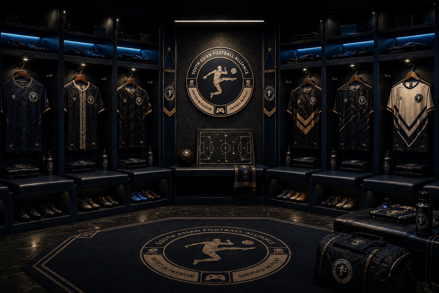 SAFA club kits inside a football locker room